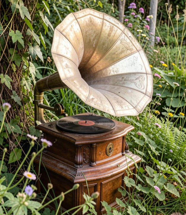 Untitled Vintage gramophone among wildflowers and long grass