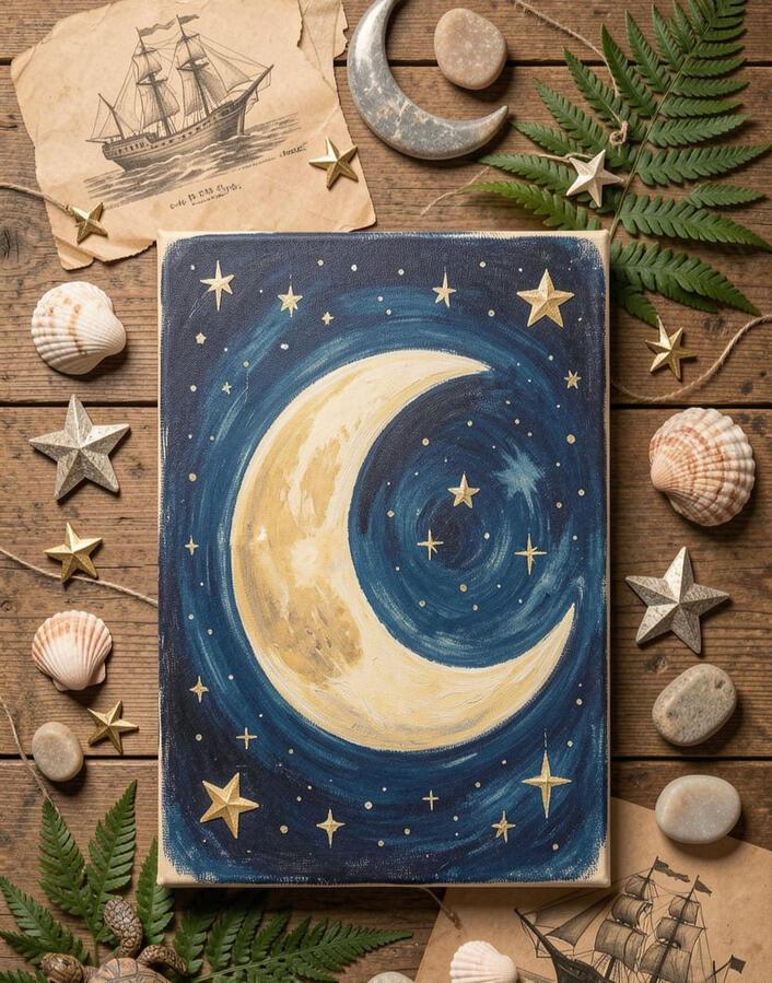 Untitled Moon painting surrounded by shells and seaside objects